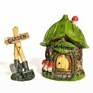 Mushroom Enchanted House with Garden Tools for Fairy Gnome Garden Set of 2 4"